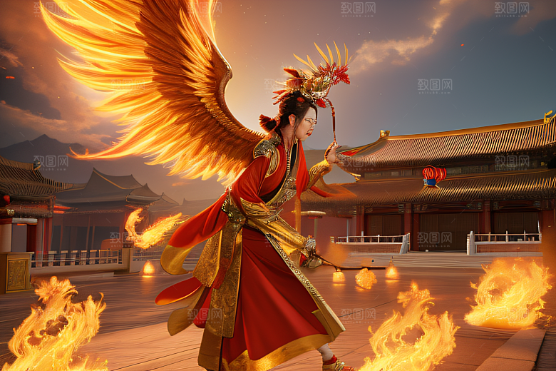 高清CG渲染的凤凰云雾中的中国金宫