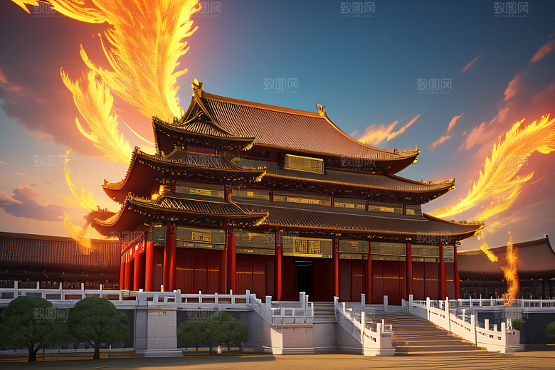 凤凰云雾中的高清CG渲染HD金宫