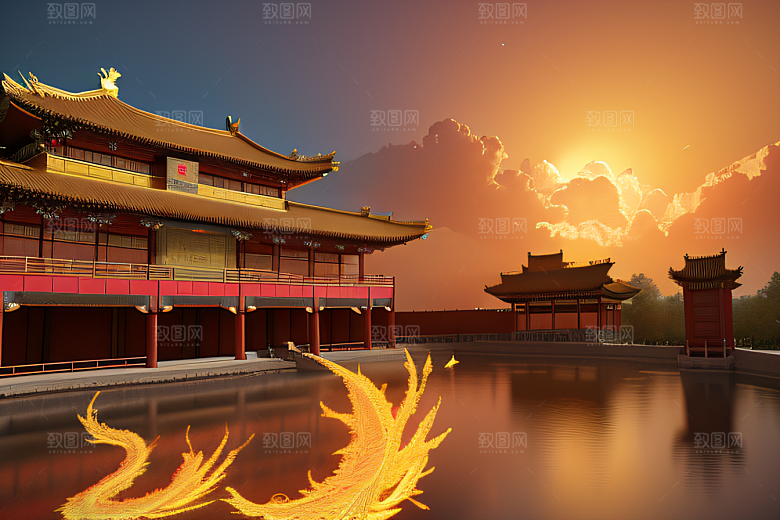 凤凰云雾中的高清CG渲染HD金宫