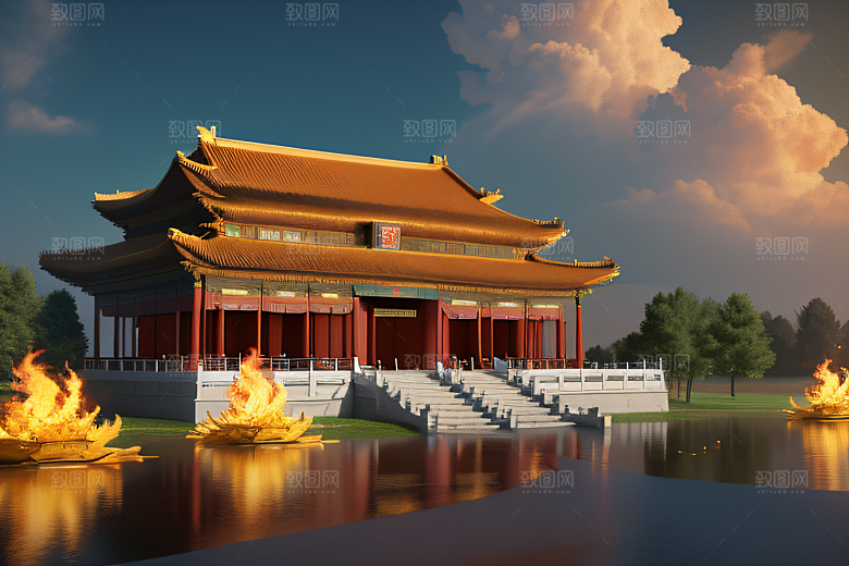 高清CG渲染的凤凰云雾中的HD金宫