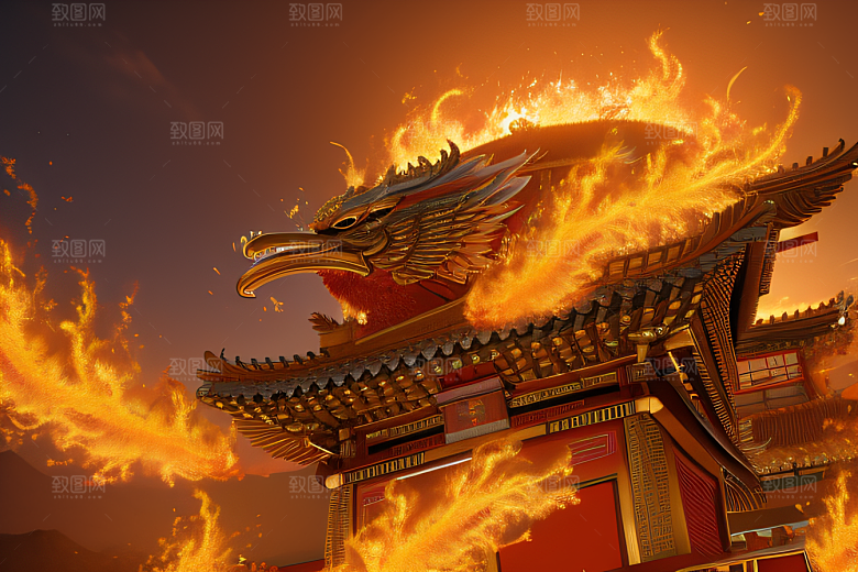 高清CG渲染的凤凰云雾中的HD金宫