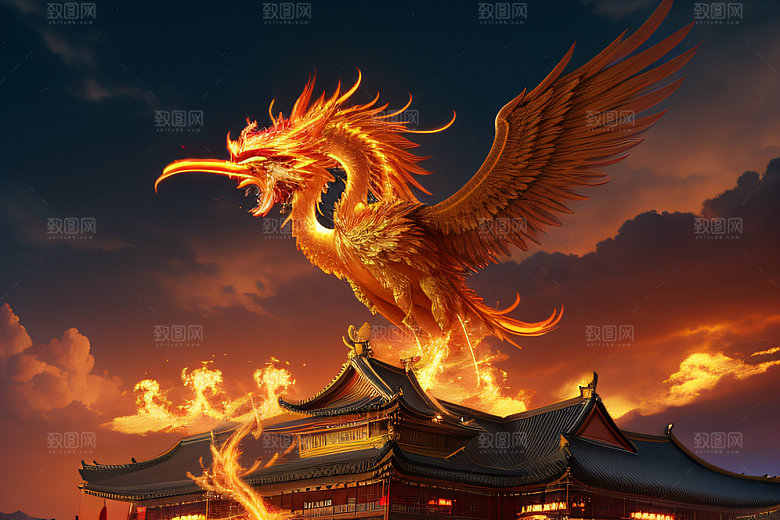 凤凰云雾中的高清CG渲染火焰宫殿