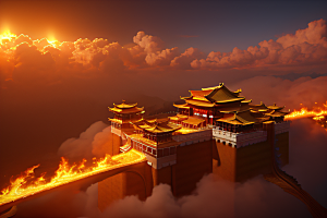 凤凰云雾中的高清CG渲染火焰宫殿