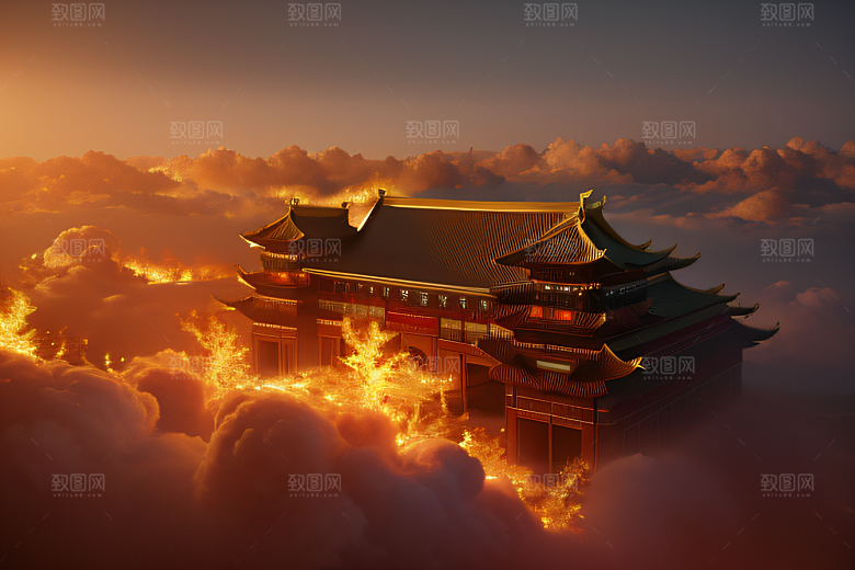 凤凰云雾中的高清CG渲染黄金宫殿