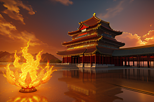 凤凰云雾中的高清CG渲染黄金宫殿