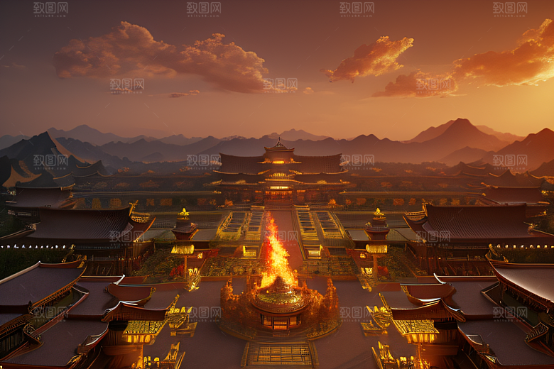 高清CG渲染的凤凰云雾中的黄金宫殿