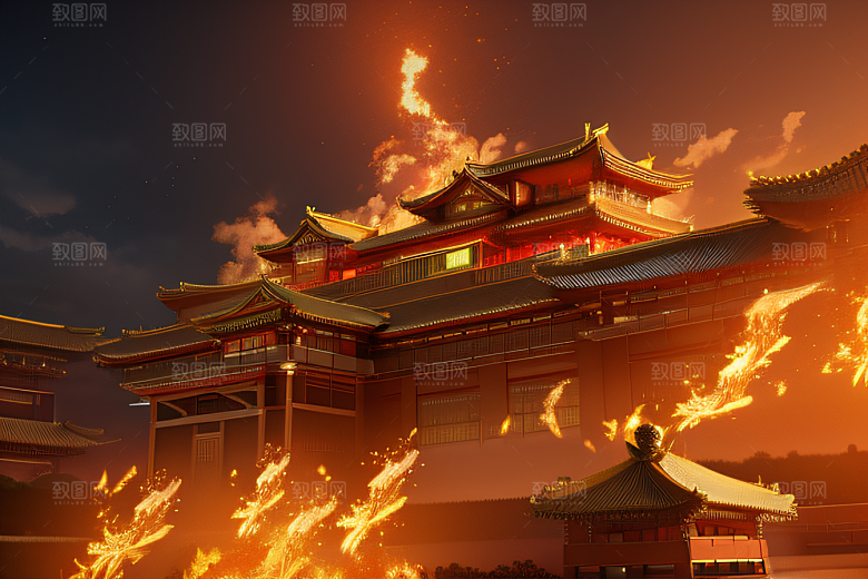 凤凰云雾中的高清CG渲染金宫