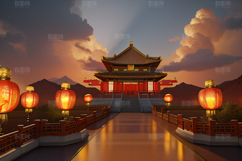 凤凰云雾中的高清CG渲染金宫