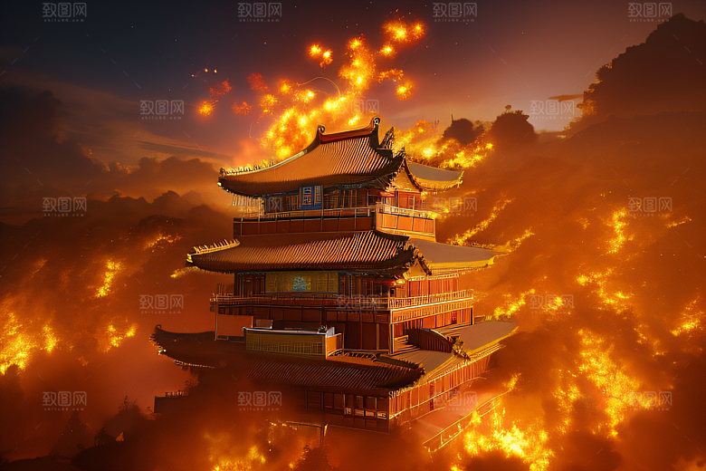 高清CG渲染的凤凰云雾中的中国金宫