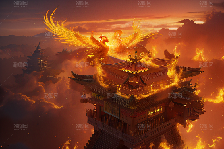 高清CG渲染的凤凰云雾中的中国金宫
