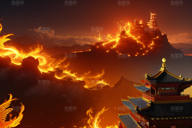 高清CG渲染的凤凰云雾中的中国金宫
