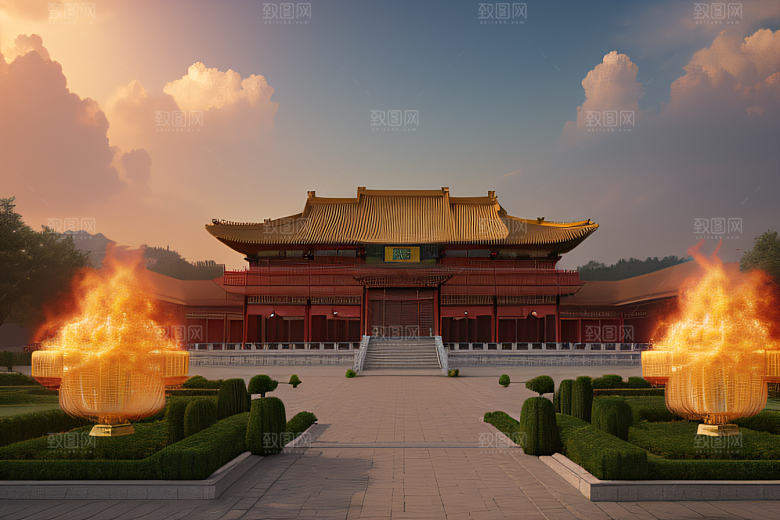 高清CG渲染的凤凰云雾中的中国金宫