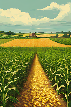 生动插画中的玉米田景观