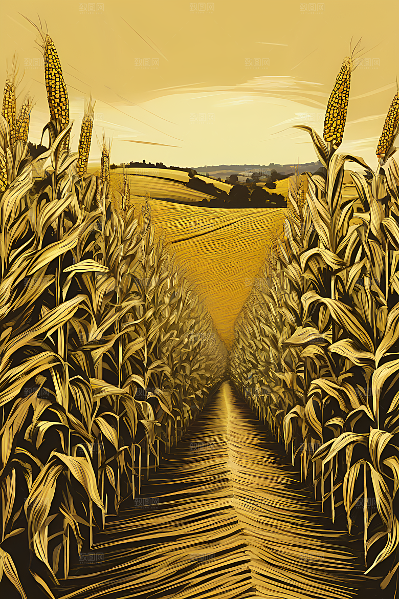 生动插画中的玉米田景观
