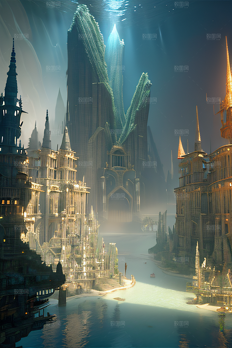 史诗级CG背景画海底亚特兰蒂斯水晶宫