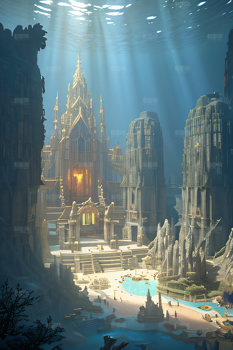 史诗级CG背景画海底亚特兰蒂斯水晶宫