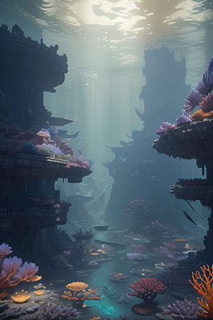珊瑚鱼群闪烁下的水晶宫真实纹理呈现
