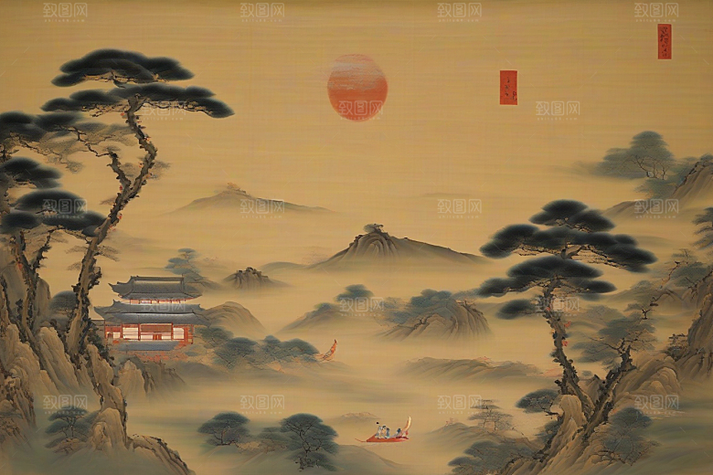 画中有爱古老东方风景中的动人传说