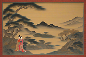 画中有爱古老东方风景中的动人传说