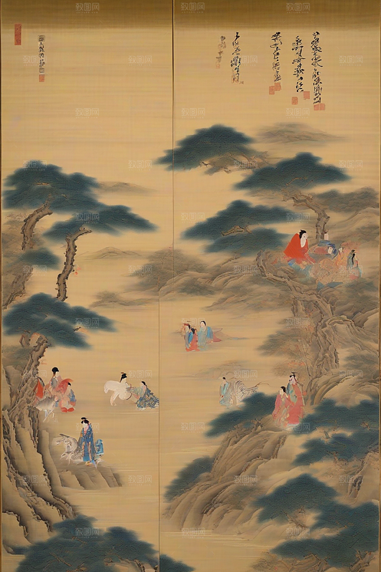 画中有爱古老东方风景中的动人传说