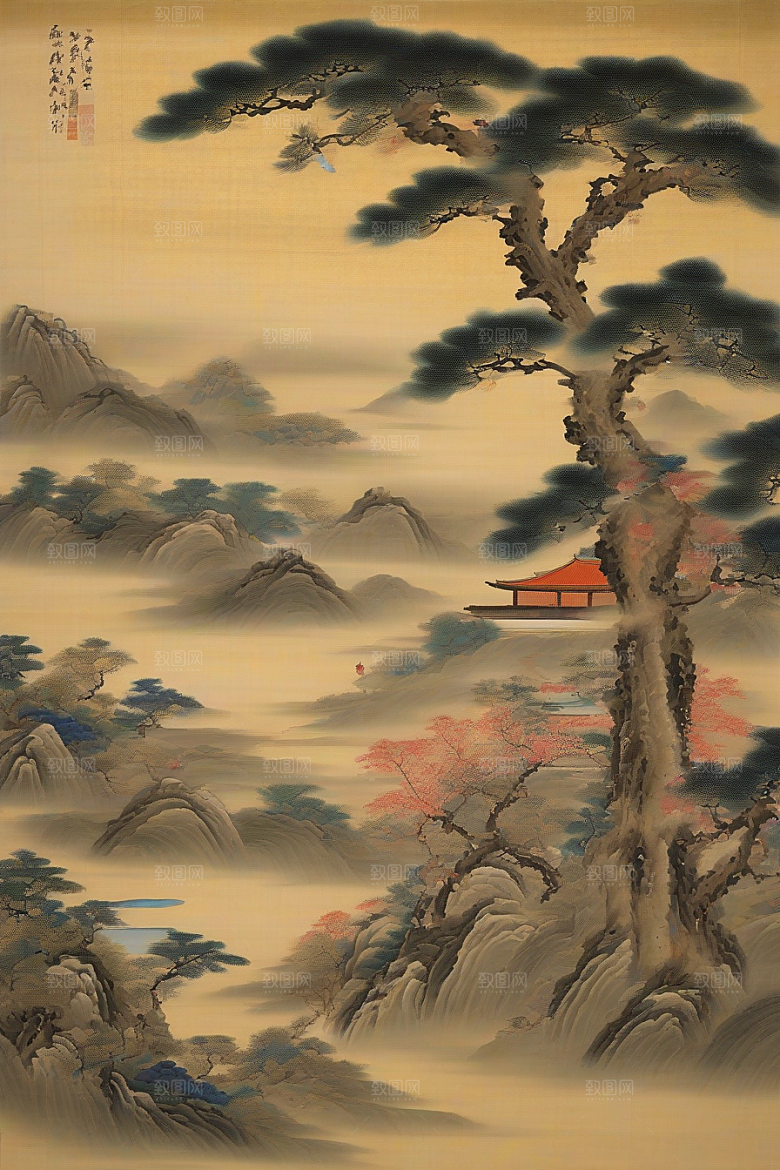 画中有爱古老东方风景中的动人传说