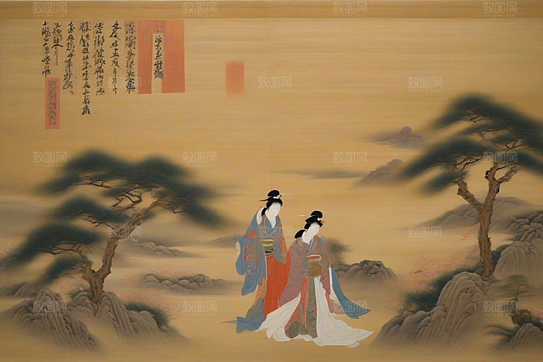 画中有爱古老东方风景中的动人传说
