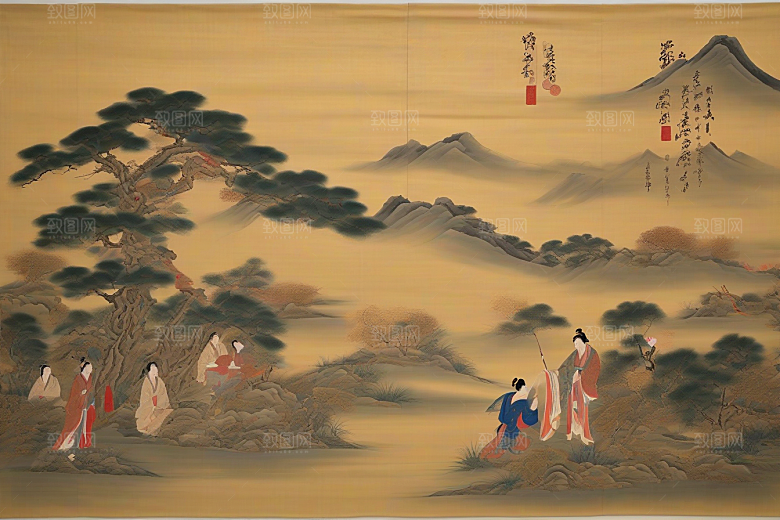 画中有爱古老东方风景中的动人传说