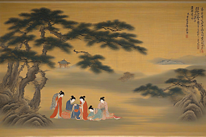 画中有爱古老东方风景中的动人传说