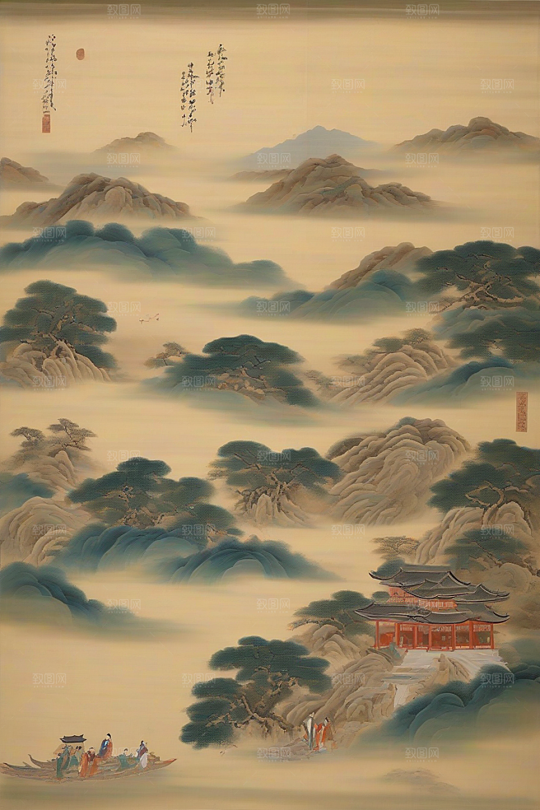 画中有爱古老东方风景中的动人传说