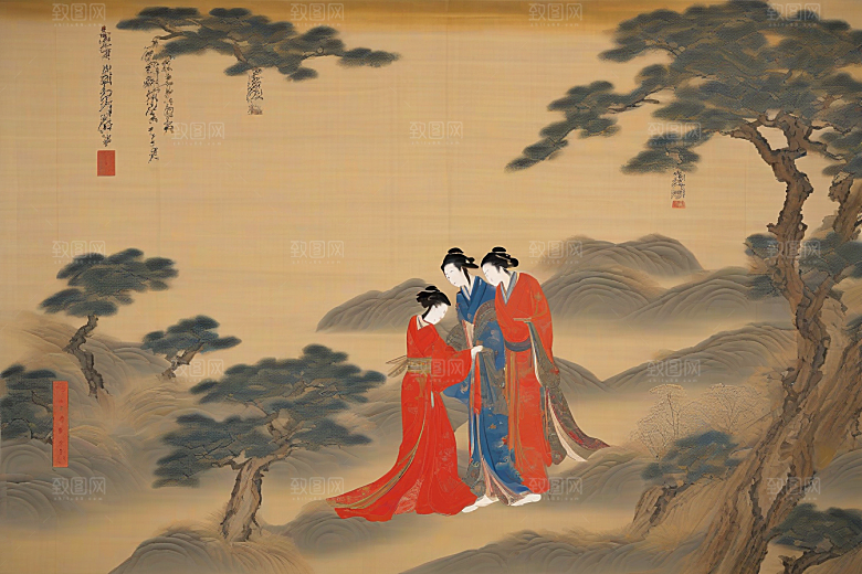 画中有爱古老东方风景中的动人传说