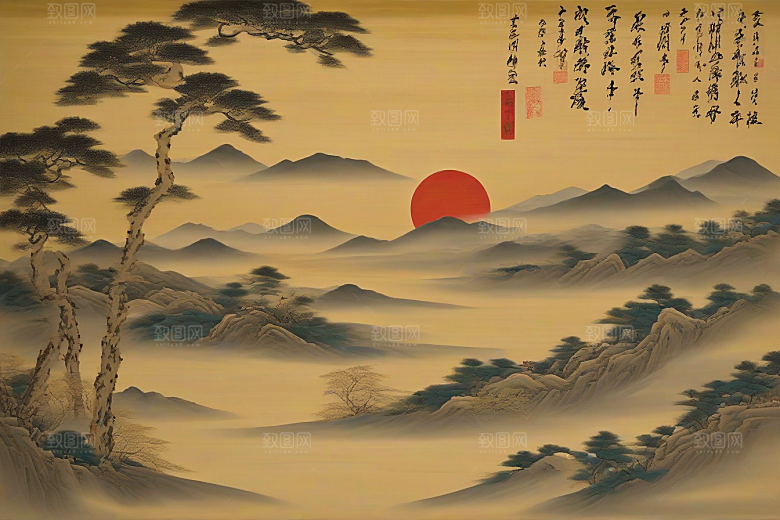 画中有爱古老东方风景中的动人传说
