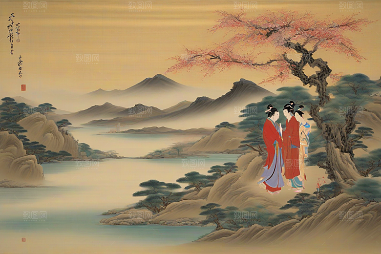 画中有爱古老东方风景中的动人传说