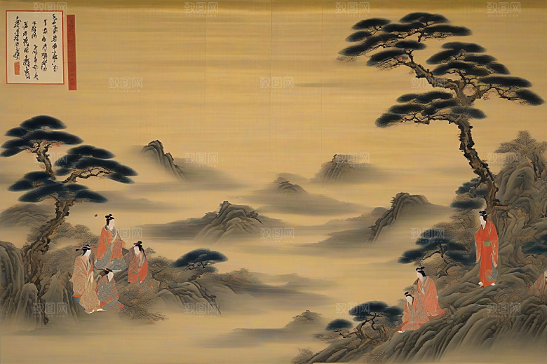 画中有爱古老东方风景中的动人传说