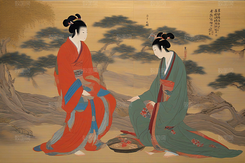 画中有爱古老东方风景中的动人传说