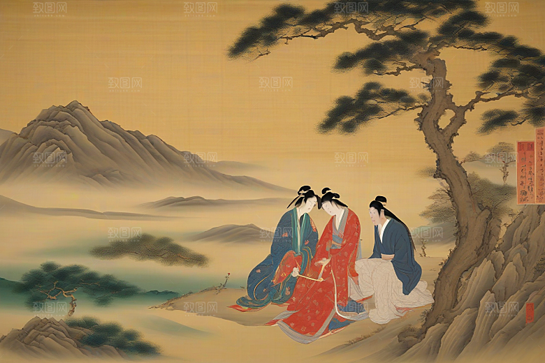 画中有爱古老东方风景中的动人传说