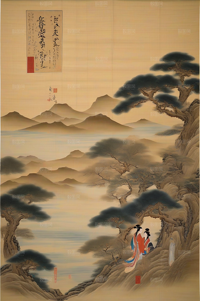 画中有爱古老东方风景中的动人传说
