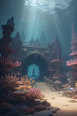 珊瑚鱼群闪烁下的水晶宫真实纹理呈现