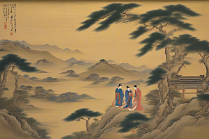 画中有爱古老东方风景中的动人传说