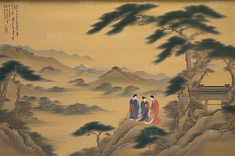 画中有爱古老东方风景中的动人传说