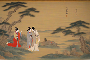 画中有爱古老东方风景中的动人传说