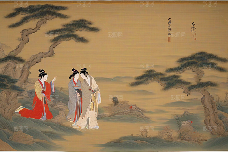 画中有爱古老东方风景中的动人传说