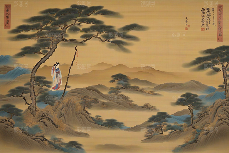 画中有爱古老东方风景中的动人传说