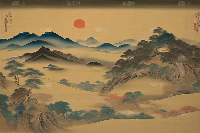 画中情深古老东方风景中的永恒传说