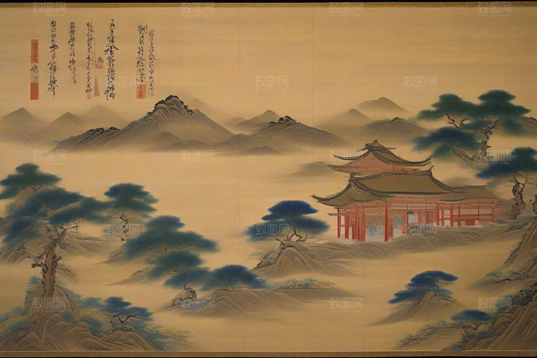 画中情深古老东方风景中的永恒传说