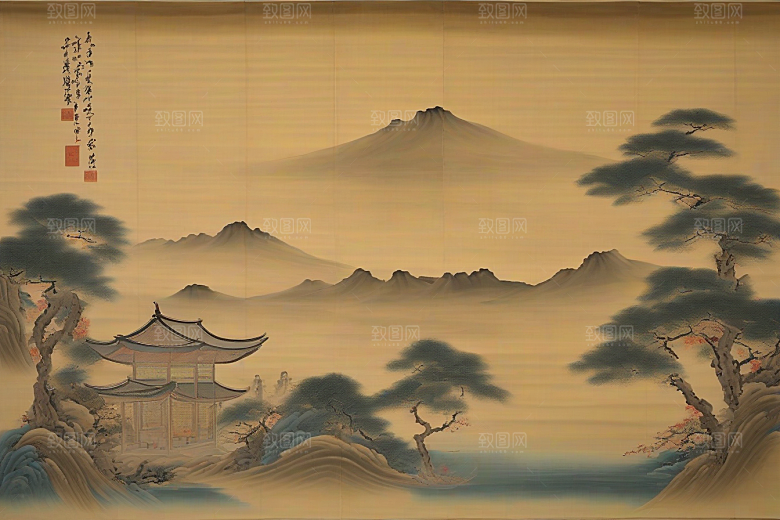 画中情深古老东方风景中的永恒传说