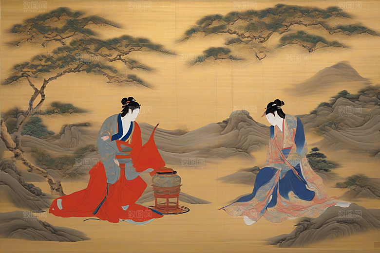 画中情深古老东方风景中的永恒传说