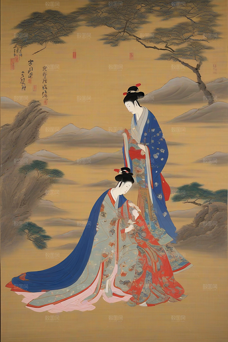 画中情深古老东方风景中的永恒传说