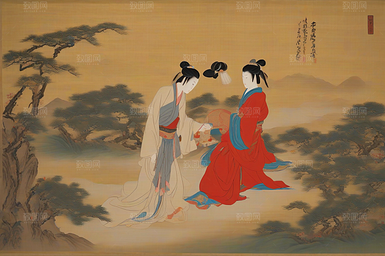画中情深古老东方风景中的永恒传说