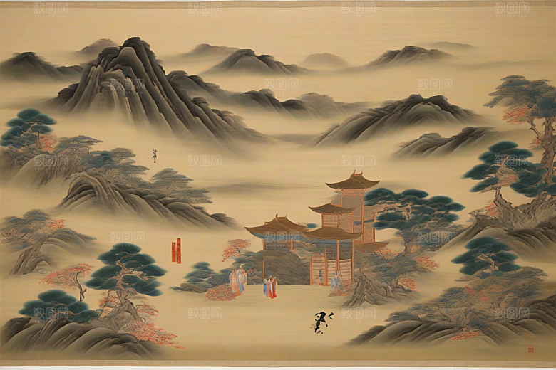画中情深古老东方风景中的永恒传说