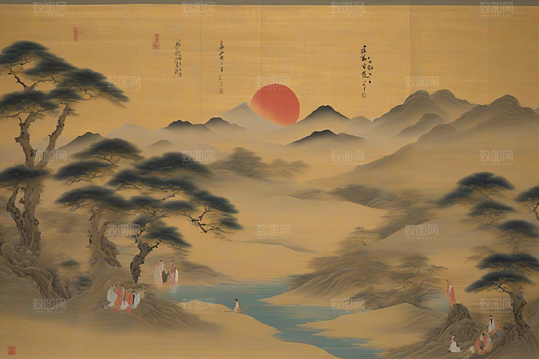 画中情深古老东方风景中的永恒传说
